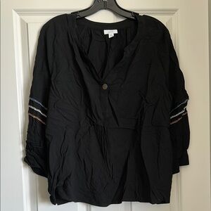J. Jill Black Boxy Blouse with Mandarin Collar and Buttoned Style